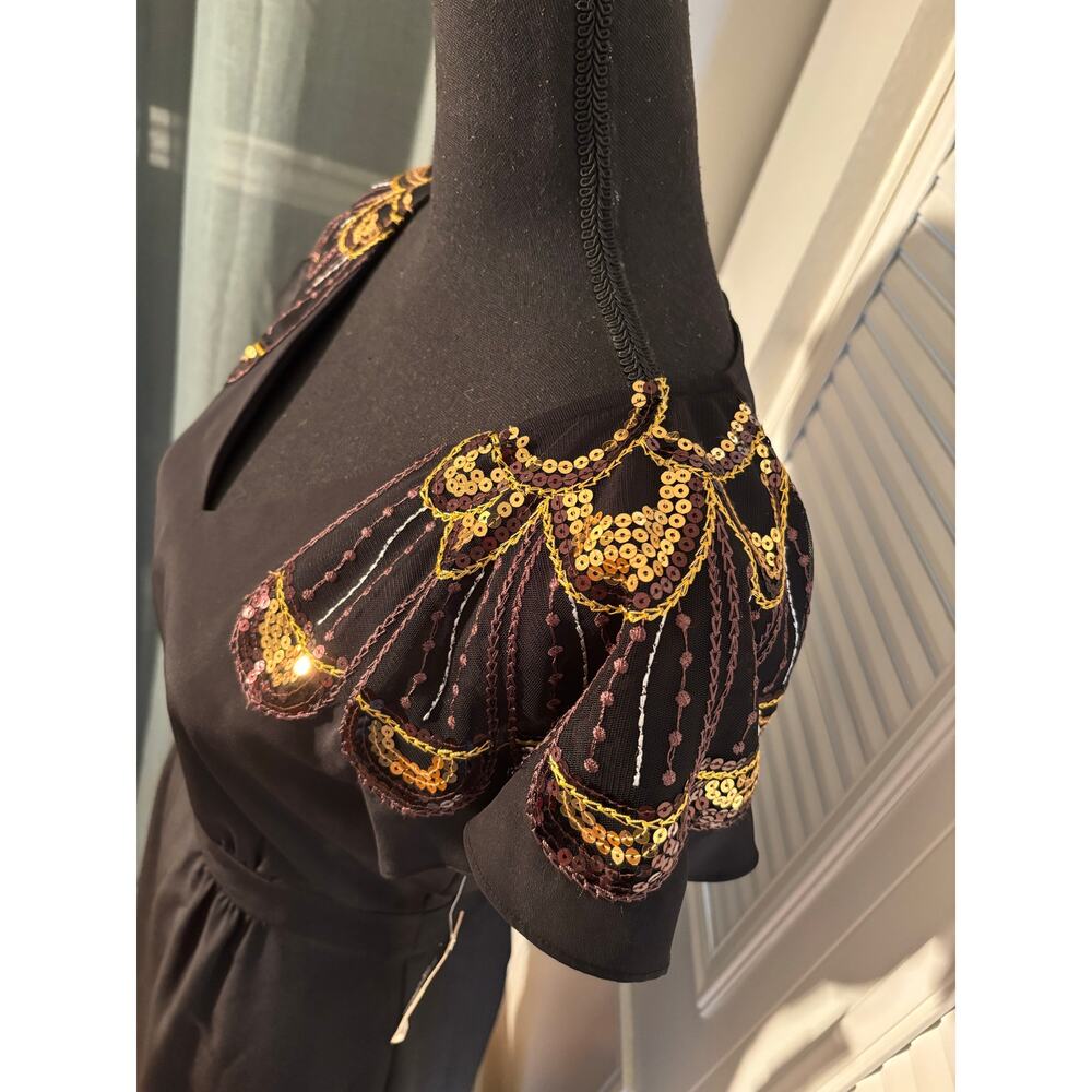 🌟GIANNI BINI Frannie Sequin & Embroidered Tie Waist Flutter Sleeve Above Knee - Picture 3 of 7